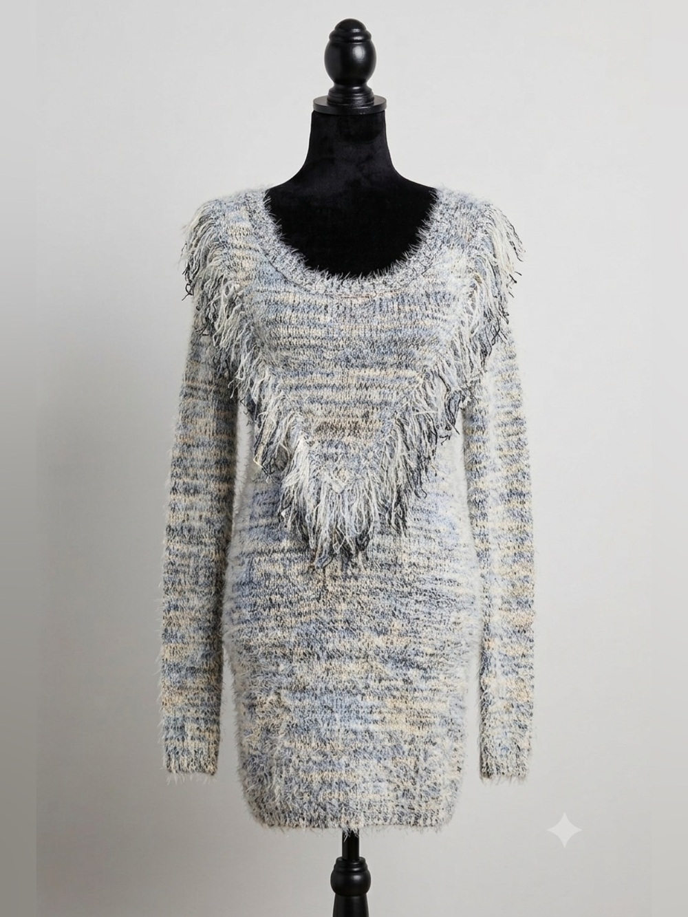 Gianni Bini Space Dye Fringe Eyelash Fuzzy Knit Sweater Dress Tunic L Blue Grey - Picture 2 of 10